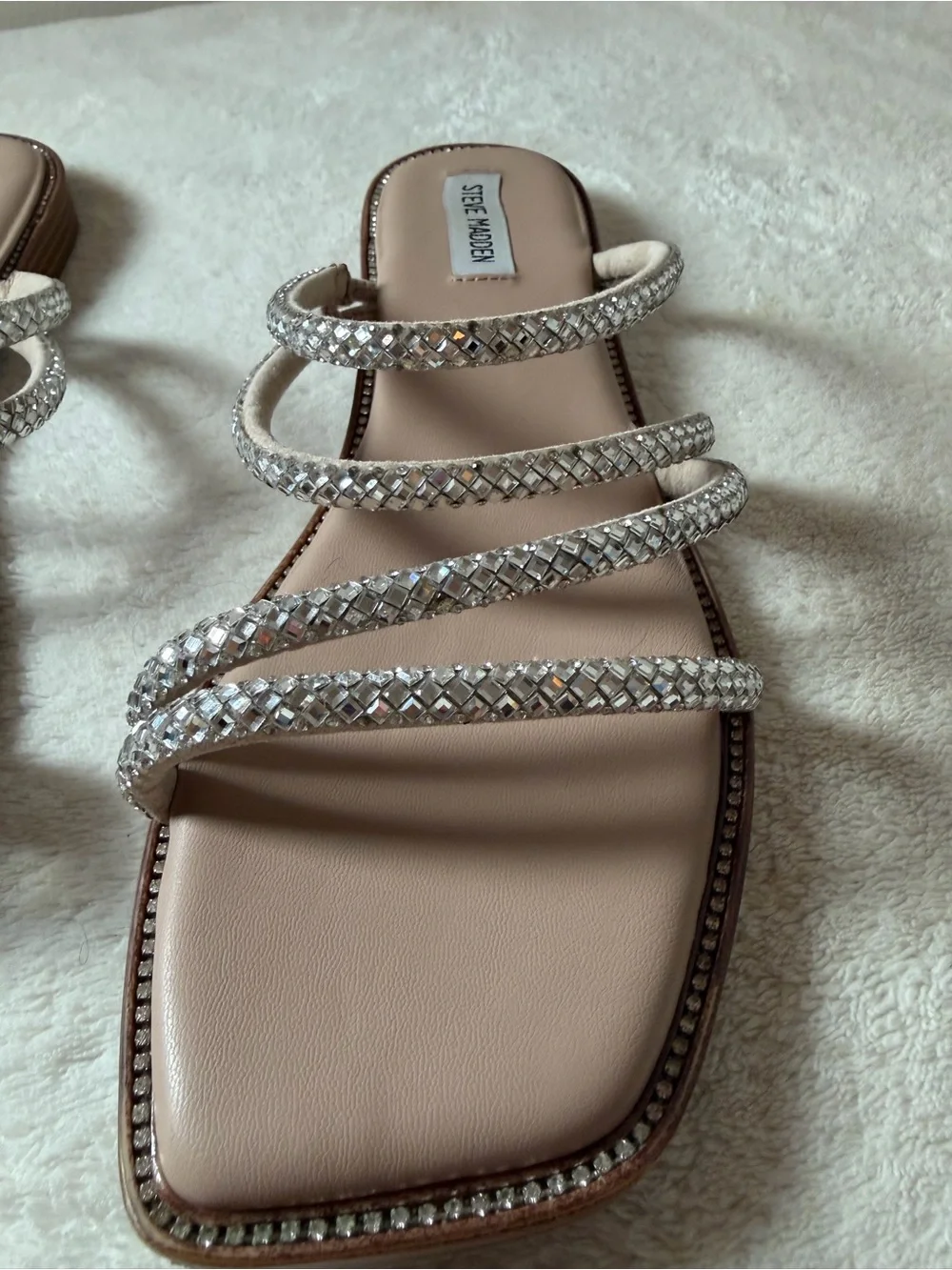 Steve Madden Nude Crystal-Strap Square Toe Slide Sandals